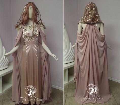 Elven Romance Gown and Cape by Firefly-Path Lace Hood, Gown Cape, Chiffon Bolero, Gaun Abad Pertengahan, Elven Dress, Women Cosplay, Fantasy Dresses, Pink Chiffon, Wrap Jacket