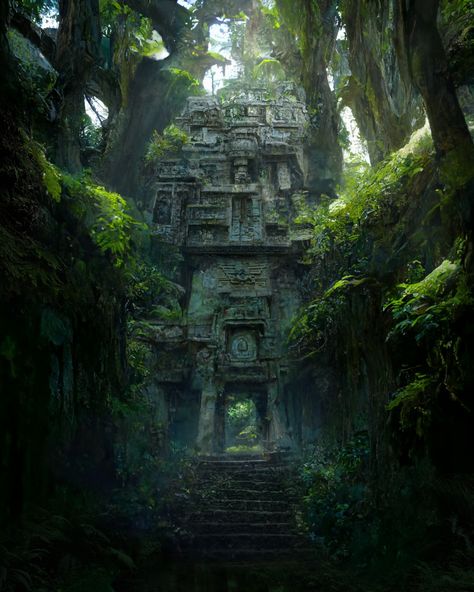 Fantasy Jungle Aesthetic, Fantasy Ancient Ruins, Jungle Temple Concept Art, Mayan Concept Art, Rainforest Fantasy Art, Fantasy Swamp Art, Jungle City Fantasy Art, Fantasy Temple Art, Swamp Fantasy Art