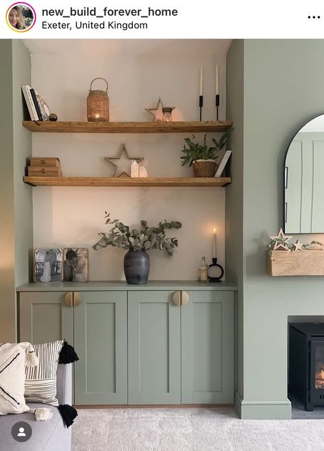 Built In Cupboards Living Room, Fireplace Alcove Ideas, Alcove Storage Living Room, Cupboard Living Room, Alcove Ideas Living Room, Sage Green Living Room, Alcove Shelves, Living Room Panelling, Inviting Living Room