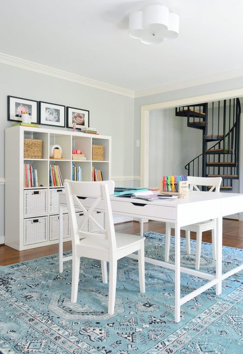 Easy Makeover: A Hardworking Homework Room | Young House Love Playroom Desk, Kids Homework Room, Modern Kids Table, Kids Homework Station, Homeschool Room Design, Playroom Table, Homework Room, Furniture Ikea, Small Craft Rooms