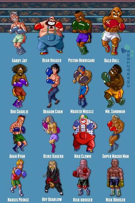 All super punch-out boxers Punch Out Game, Retro Games Poster, Nostalgia Art, Retro Gaming Art, Dark Disney, Video Game Anime, Vintage Video Games, Pixel Art Characters, Video Game Design