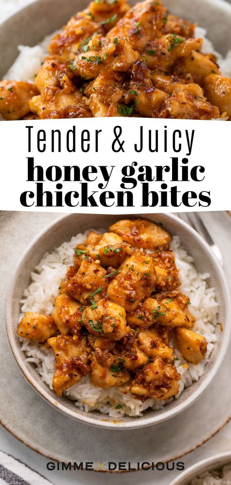 Tender, juicy Honey Garlic Chicken Bites will be an instant favorite! Chicken pieces are perfectly seasoned, pan-seared, and then cooked in an irresistible sweet and sticky sauce. They’re ready in just about 20 minutes and great served over rice, pasta or with veggies on the side. Make this delicious recipe at gimmedelicious.com Sweet Honey Chicken Recipes, Garlic Lovers Chicken, Honey Garlic Chicken Wraps, Healthy Honey Chicken Recipes, How To Make Juicy Chicken, Chicken Bites With Rice, Chicken Thigh Tenders, Chicken To Serve Over Rice, Chicken And Rice Cheesy