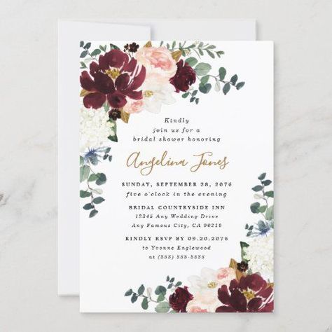 $2.25 | Burgundy Red Blush Pink and Gold Bridal Shower - Bridal Shower Invitations #burgundywedding #blushpinkpeonyroseflower #whitehydrangeaandmagnoliaflowers #elegantmaroonandmarsalared #navybluecoloredscottishthistle #modernbohofallgreeneucalyptus #floralgardenbotanicalwreaththemed #countryrusticwatercolorleafygreenery #bohemianwineleafvintagewinter #cranberryvineyardwinerycrimsoncolor Red Blush, Burgundy Wedding Invitations, Navy Wedding Invitations, Gold Bridal Showers, Peony Rose, Classic Wedding Invitations, Blush Pink Weddings, Floral Wedding Invitation, Gold Wedding Invitations