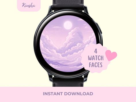 Add a touch of cuteness and elegance to your Samsung watch with our new collection of lilac pastel aesthetic Cloudy Sky themed watch faces ♡(  ) Created by Kansha Designs, these four unique and aesthetic watch faces are perfect for anyone looking to personalize their watch with a cute design ♡ ～('▽^人) ♡ Choosing our watch-face designs offers several key benefits that make them an excellent choice for your smartwatch: * Battery Efficiency: Our watch faces use static images, which significantly reduce the frequency of screen updates. This efficient design choice helps conserve your watch's battery, allowing you to enjoy longer periods between charges. * Customizable Resolutions: We provide two types of resolutions for our watch faces. This flexibility ensures that you can select the resoluti Lilac Pastel Aesthetic, Aesthetic Watch Faces, Aesthetic Cloudy Sky, Galaxy Watch Face, Clock Screensaver, Aesthetic Watch, Background Watch, Cute Sky, Lilac Pastel