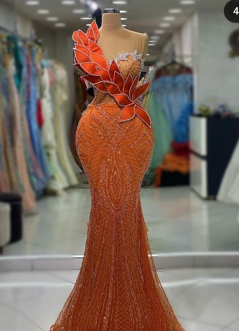 Couture, Orange Evening Dress, Orange Evening Dresses, Latest Wedding Gowns, Nigerian Lace Styles Dress, Nigerian Lace Styles, Chic Dress Classy, Classy Gowns, African Prom Dresses