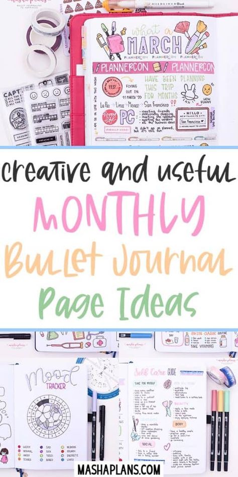 25 ideas for you to try in your monthly Bullet Journal setup. Bring more fun to your journal and learn new ways it can help you with these creative Bullet Journal spreads. Memories page, mood trackers, monthly goals, meal plan spreads and more! #mashaplans #bulletjournal #bujospread #bujo #pageideas #bulletjournalideas #monthlylog Bullet Journal Topics, Bujo Monthly Spread, Monthly Bullet Journal, Bullet Journal Page Ideas, Journal Page Ideas, Bullet Journal Month, Mood Trackers, Bullet Journal Monthly Spread, Bujo Layout