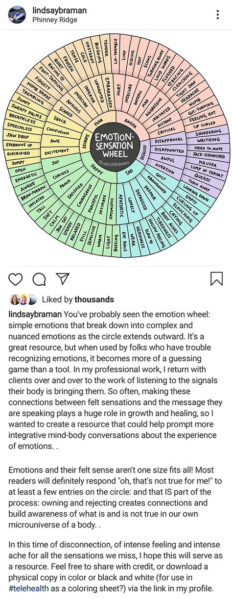 Emotion-Sensation Feeling Wheel Handout by Lindsay Braman for Somatic Experiencing and matching felt body experience to potential emotions What Emotions Feel Like In The Body Wheel, Emotion Sensation Feeling Wheel, Emotion Sensation Wheel, Emotions Moodboard, Emotion Wheel Feelings Chart, Lindsay Braman, Describing Feelings, Feeling Wheel, Tapping Eft