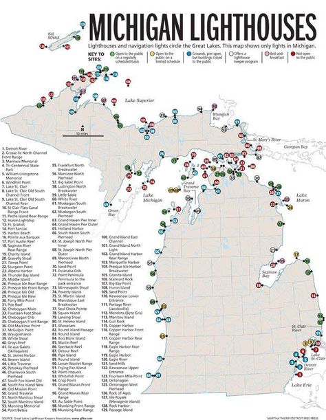 A detailed map of Michigan's Lighthouses  My Michigan Bucket List: Visit and photograph as many as I can of all the MI Lighthouses! #puremichigan Michigan Bucket List, Michigan Rocks, Michigan Lighthouses, Map Of Michigan, Lake Lighthouse, Michigan Adventures, Michigan Girl, Michigan Road Trip, Mackinaw City