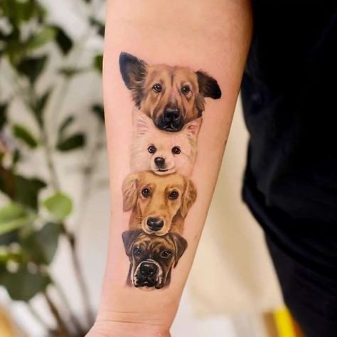 Dog Portrait Tattoo. Mom And Dog Tattoo, 3 Dog Tattoo Ideas, Dog Tattoo On Arm, Two Dachshund Tattoo, Multiple Dogs Tattoo, Ear Tattoo Paw Print, Multi Dog Tattoo, Forearm Dog Tattoo Women, Multiple Dog Tattoo Ideas