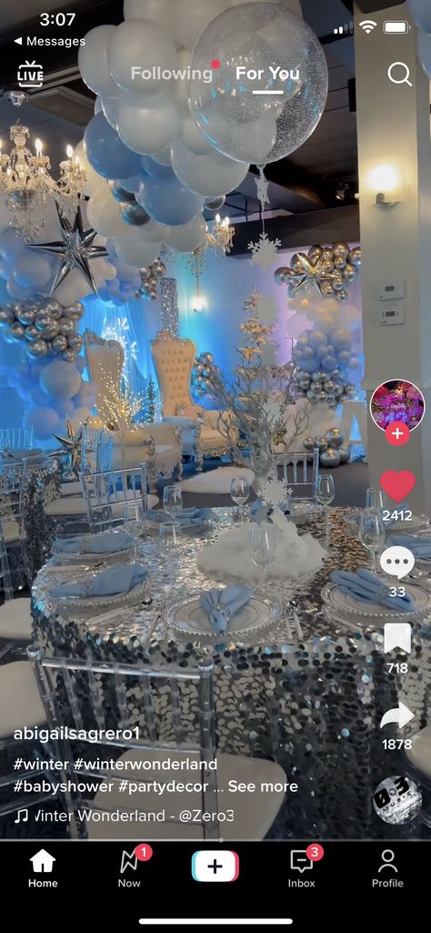 Ice Theme Quinceanera, Winterwonder Land Theme Sweet 16, Ice Quinceanera Theme, Ice Princess Theme Party, Wonder Winterland Theme, Periwinkle Sweet 16 Decorations, Winter Wonderland Quinceanera Theme Centerpieces, Blue Theme Sweet 16 Party, December Sweet 16 Party Ideas Themes