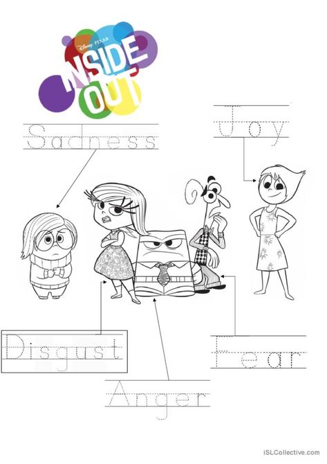 Colour in and trace feelings inspired by the 'Inside out' movie :) This is aimed at younger learners who cannot yet write. The vocabulary included is: Anger, Disgust, Joy, Fear and Sadness. Inside Out Emotions, Summer Lesson, Joy Inside Out, Emotions Activities, Creative Teaching Press, Social Emotional Learning Activities, Esl Activities, Printable Flash Cards, Work Activities