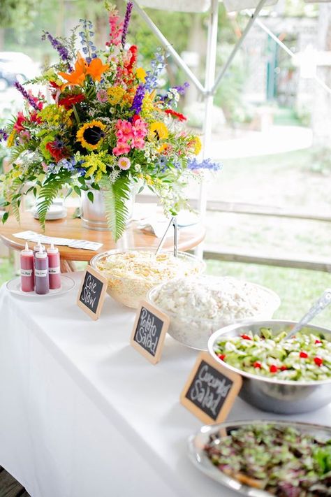 Flower Arrangements For Buffet Table, Food Table Floral Arrangements, Floral Buffet Table, Buffet Flower Arrangements, Wildflower Engagement Party, Wildflower Dessert Table, Wildflower Party Theme, Wedding Buffet Table Decor, Buffet Table Wedding Receptions