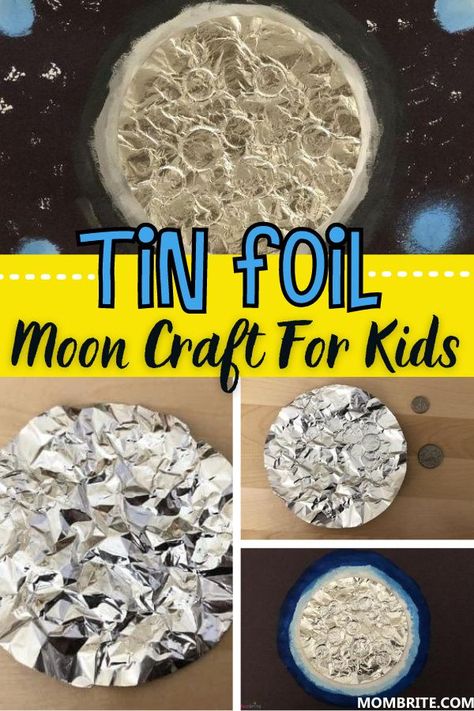 Solar System Christmas Ornaments Diy, Aluminum Foil Moon Craft, Foil Printed Moon Craft, Moon Process Art, Tin Foil Moon Craft, Tin Foil Art Projects, Moon Stem Activities For Kids, Preschool Moon Crafts, Moon Activity Preschool