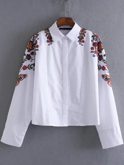 Floral Embroidery Shirt -SheIn(Sheinside) Stylish Jeans Top, Black Lace Top Long Sleeve, White Floral Embroidery, Chiffon Blouse Long Sleeve, Look Boho, Embroidery On Clothes, Lace Top Long Sleeve, Shirt Embroidery, Black Lace Tops