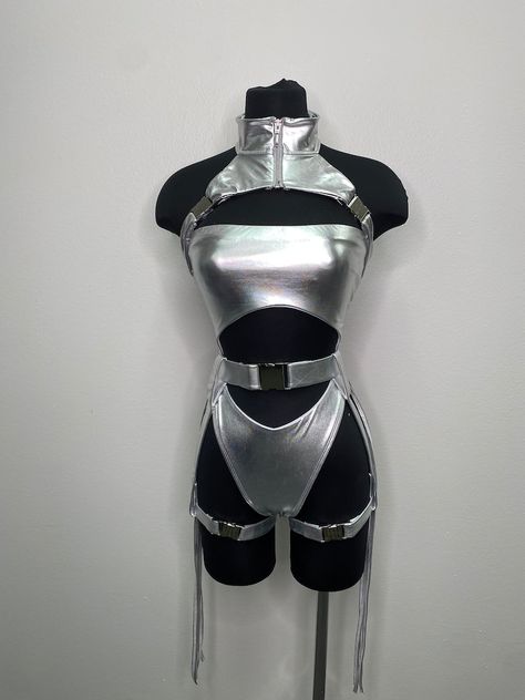 Rave Costume, Rave Outfit, Silver Bodysuit, Silver Swimsuit, Festival Outfit, Rave Bodysuit, Rave Clothing, Rave Swimsuit Buckles - Etsy Purple And Silver Outfit Ideas, Alien Rave Costume, Metallic Rave Outfits, Silver Alien Costume, Silver Rave Outfit, Space Rave Outfit, Alien Rave Outfit, Metallic Costume, Space Rave