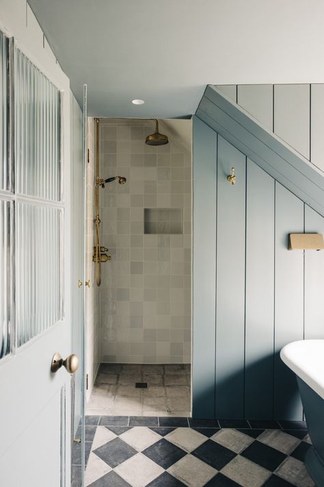 Vintage Blue Bathroom, Loft Bathroom, White Wall Tiles, Inglenook Fireplace, Attic Bathroom, Cosy Room, Deal Kent, Grand Homes, Family Bathroom