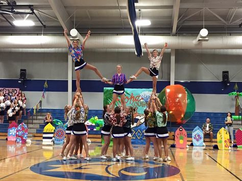 Hawaiian Themed  Pep Rally 8•26•16 Cheer Routine Disco Pep Rally Theme, Hawaiian Cheer Theme, Beach Theme Pep Rally, Beach Pep Rally, Hawaiian Pep Rally, Pep Rally Ideas, Pep Rally Themes, Stuco Ideas, Rally Ideas