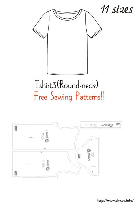 This is the pattern of a Tshirt3(Round-neck).   inch size(letter size) Children's-4,8,10/Ladies'-S,M,L,LL/Men's-S,M,L,LL   cm size(A4 size) Children's-100,120,140/Ladies'-S,M,L,LL/Men's-S,M,L,LL Molde, T Shirt Pattern Design, T Shirt Sewing Pattern Free, T-shirt Pattern, T Shirt Sewing Ideas, Tshirt Pattern Sewing, Tshirt Sewing Pattern, Pattern Tshirt, Sewing Tshirt