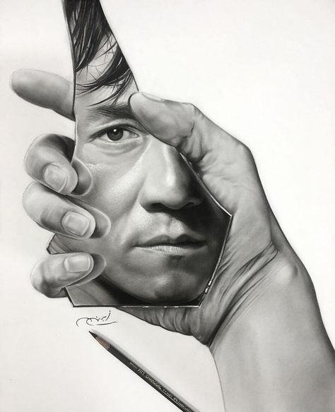 Jackie Chan. Realistic 3D Illusion Portrait Drawings. Click the image to see more of Aymanarts's work. 3d Illusion Drawing, Illusion Drawings, Realistic Pencil Drawings, 흑백 그림, Art Drawings Sketches Pencil, Celebrity Drawings, Desenho Tattoo, 3d Drawings, Art Drawings Beautiful