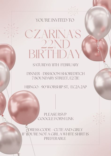 Dress Code For Birthday Party, 22nd Birthday Invitations, Birthday Dress Code Ideas, Dress Code Birthday Party, Invitation Card Design 18th Birthday, Aesthetic Birthday Invitations, 22nd Birthday Party, Debut Invitation, 19th Birthday