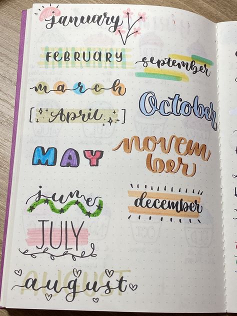 Handwriting Journal Ideas, Creative Fonts Handwriting, Planner Font Ideas, Month Calligraphy Hand Lettering, Handwriting Styles Heading, Different Hand Writing Fonts, Journal Calligraphy Handwriting, Lettering Journal Handwriting, Fonts Styles Handwriting