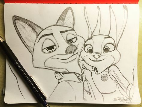 Zootopia Nick And Judy Drawing, Disney Cartoon Drawings Sketches, Sketches Best Friends, Two Friends Sketch, Cartoon Drawings Disney Sketches, Disney Sketches Easy, Cartoon Sketches Disney, Zootopia Painting, Friends Sketch Drawing Ideas