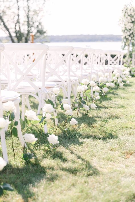 White Roses Aisle Decor, White Rose Wedding Aisle Decor, Growing Aisle Wedding, White Roses In Ground Wedding, Roses Isle Wedding, White Rose Asile, Wedding Aisle Planted Flowers, White Rose Lined Aisle, Growing Aisle Flowers