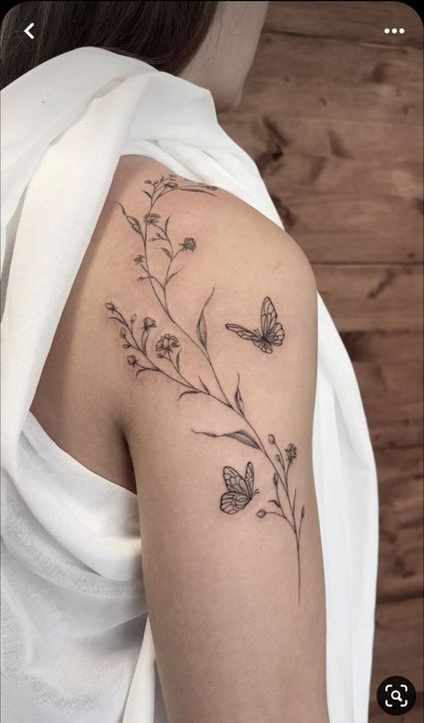 Spotted Tattoo Sleeve, Floral Shoulder Tattoo Fine Line, Shoulder Tattoo Flowers And Butterflies, Butterfly Tattoos On Upper Arm, Butterfly Tattoos Arm Women, Shoulder Tattoos Fine Line, Fine Line Shoulder Flower Tattoo, Delicate Flower Shoulder Tattoo, Butterfly Tattoos Thigh