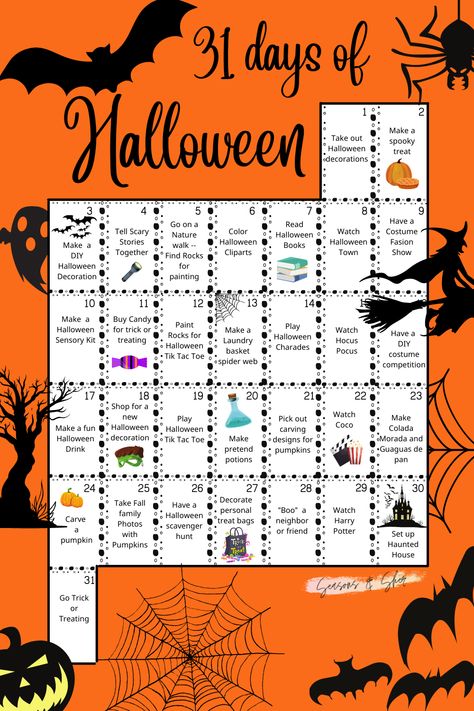 Countdown To Halloween Activities, 31 Halloween Activities, Halloween Theme Week Ideas, Halloween 31 Day Challenge, Daily Halloween Activities, Spooky Season To Do List, Halloween Ideas Activities, Spooky Day Ideas, Aesthetic Halloween Activities