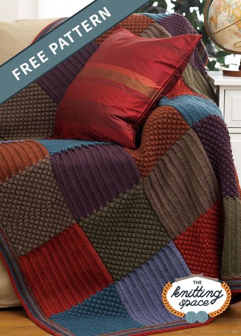 Cuddle with this autumn-inspired knitted blanket with its elegant multicolored panels. Place one in your bedroom for a totally cozy sight!| Discover over 4,000 free knitting patterns at theknittingspace.com #knitpatternsfree #handmadegifts #DIY #housewarmingpresents #beginnerknits #easyknittingpatterns #falknittingpatterns #fallknits #fallknittingprojects #giftideas Patchwork, Knit Blanket Squares Block Patterns, Easy Crochet Blanket Tutorial, Knit Afghan Patterns Free, Knitted Squares Pattern, Knit Throw Blanket Pattern, Easy Blanket Knitting Patterns, Knitting Projects Blanket, Knit Afghan Patterns