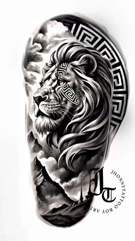 Full Back Tattoos For Men Design, Shoulder Lion Tattoo For Men, Lion And Compass Tattoo, Greek Lion Tattoo, Lion Tattoo Design Stencil, Versace Tattoo Design, Lion Tattoo Stencil, Lion Tattoo Men, Mens Tattoos Ideas Forearm