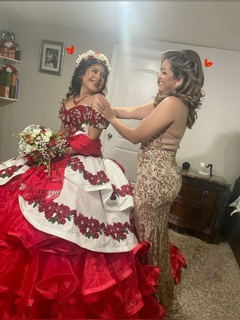 Traditional Quinceanera Dresses, Red Xv Dresses, Mexican Theme Quince, Red Charro Quinceanera Dress, Mexican Theme Quinceanera, Red Quince Dress, Mexican Princess, Red Quince Dresses, Charro Quince Dresses