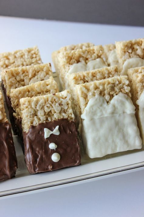 Quick and fun, these bride and groom Rice Krispie treats are perfect for engagement parties, bridal showers, or wedding favors. Rice Krispie Treat Wedding Cake, Wedding Rice Krispie Treats Ideas, Rice Crispy Wedding Treats, Engagement Rice Krispie Treats, Diy Wedding Treats, Chocolate Covered Rice Krispie Treats Wedding, Rice Krispie Treats For Wedding, Bridal Shower Rice Krispie Treats, Homemade Wedding Desserts