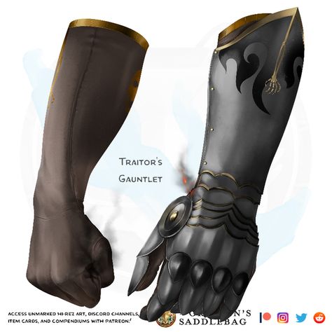 {The Griffon's Saddlebag} Traitor's Gauntlet | Wondrous item: TheGriffonsSaddlebag Metal Gauntlet, The Griffon's Saddlebag, Griffon's Saddlebag, Magic Armor, D D Homebrew, D D Items, Dnd Dragons, Dnd 5e Homebrew, Dark Metal