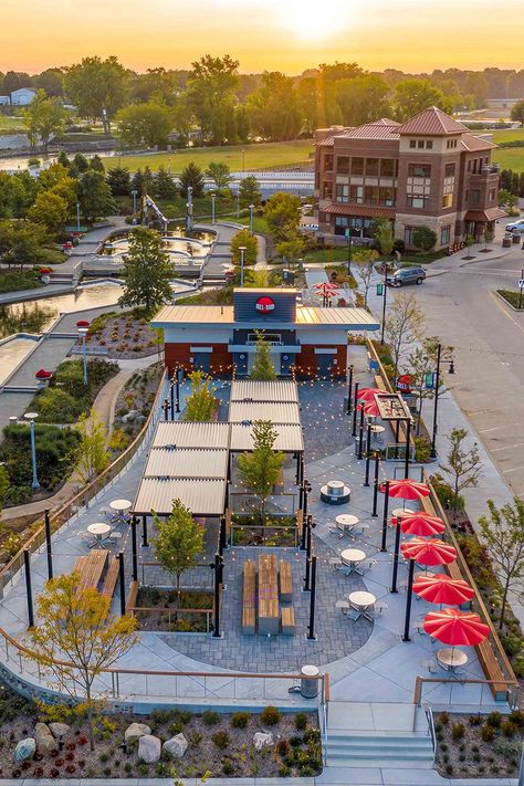 Outdoor Restaurant Patio, Communal Space, Riverfront Park, Food Park, Restaurant Patio, Public Space Design, Communal Table, Custom Benches, Playground Design