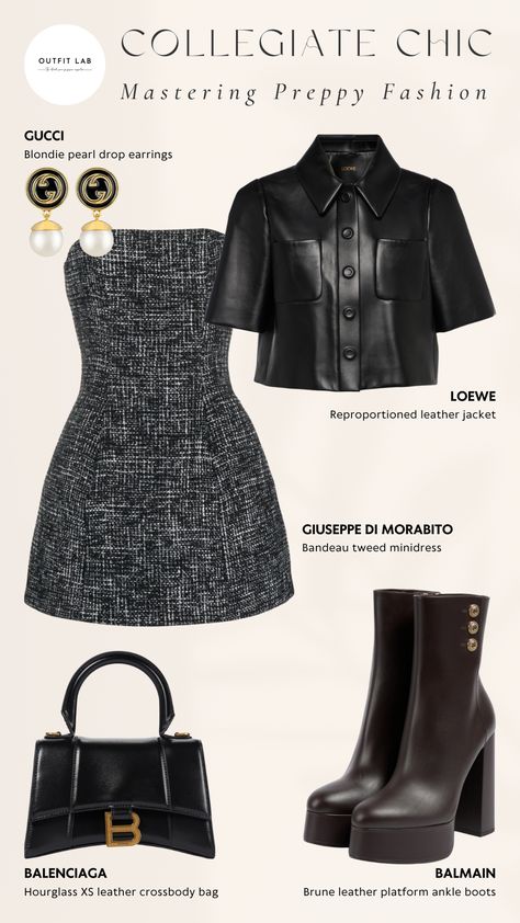 Giuseppe di Morabito's minidress pairs seamlessly with Loewe's leather jacket. Elevate the outfit with Gucci's earrings and a Balenciaga bag for a refined finishing touch. Complete the look with Balmain's boots. #PreppyClothing #PreppyWardrobe #PreppyOutfitInspo #PreppyFashion #PreppyLooks #PreppyIdeas #PreppyCollegeOutfits #PreppyFits Luxurious Outfits Glamour, Gucci Aesthetic Outfit, Loewe Outfit, Balenciaga Outfit, Fashion Designer Outfits, Balenciaga Clothes, Leather Dress Outfit, Gucci Outfit, Gucci Clothes