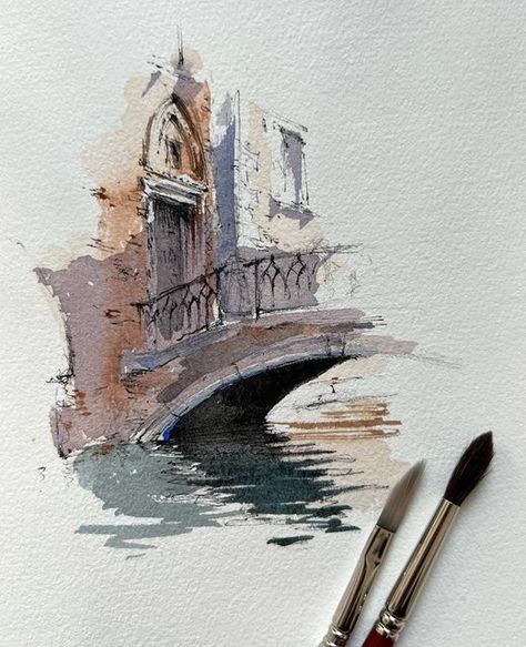 Croquis, Venice Painting, Watercolor City, Watercolor Architecture, Fine Art Portraiture, Diy Watercolor Painting, Architecture Drawing Art, Architectural Sketch, Architecture Painting