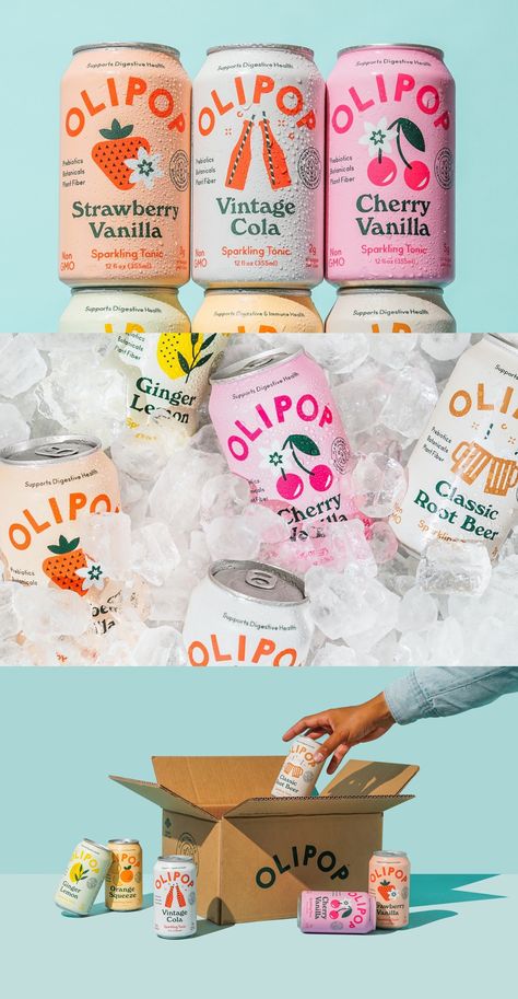 Olipop Branding, Beverage Design Packaging, Groovy Packaging, Drink Graphic Design, Product Branding Design, Fun Packaging Design, Soda Can Design, Can Branding, Beverage Packaging Design