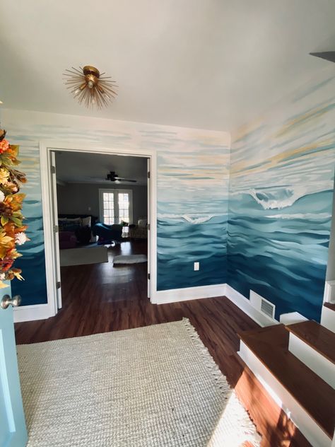 Ocean waves mural by Allison Dunavant Seascape Mural Ideas, Ocean Waves Mural, Simple Beach Wall Mural, Ocean Painted Wall, Diy Wave Mural, Wave Stencil Wall, Wave Mural Bedroom, Waves Painted On Wall, Beach House Mural