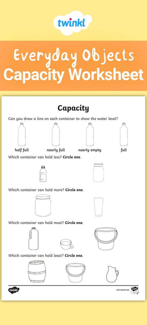 A useful worksheet for practising and assessing capacity knowledge. Sign up to Twinkl to download.   #capacity #maths #mathematics #numeracy #teaching #teacher #teachingresources #twinkl #twinklresources #education #school #primaryschool Volume And Capacity Worksheets Grade 3, Volume Worksheets For Grade 2, Capacity Worksheets Grade 3, Capacity Worksheets Grade 2, Capacity Worksheets For Kindergarten, Measuring Capacity Worksheet, Capacity Activities Grade 1, Measurements Worksheet For Grade 2, Capacity Worksheet Grade 1