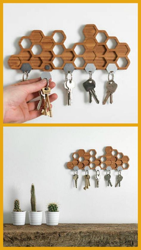 Entryway Key Holder, Key Holder Diy, Magnetic Key Holder, Wooden Key Holder, Bee Honeycomb, Wall Shelves Design, Bamboo Wall, Wall Key Holder, Key Hanger