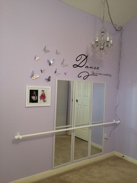 add a #balletbar to your #girlsroom #ballet #bedroomdecor #dance Ballet Aesthetic Room Decor, Ballet Corner In Bedroom, Dance Theme Bedroom Ideas, Dance Inspired Bedroom, Dance Room Decoration Ideas, Dance Theme Bedroom, Ballet Bar In Girls Room, Ballet Core Bedroom, Dance Themed Bedroom