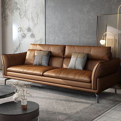 Fabric: Brown Genuine Leather/Leather Match, Size: 37.4" H x 85.83" W x 38.58" D | MABOLUS 85.83"Brown Genuine Leather Standard Sofa cushion couch | 37.4" H x 85.83" W x 38.58" D | Wayfair Sleek Sofa Designs, Rustic Leather Sofa, Wooden Leg Sofa, Sofa Kulit, Leather Sofa Living Room, Living Room Orange, Leather Sofa Set, Clean Space, Brass Texture