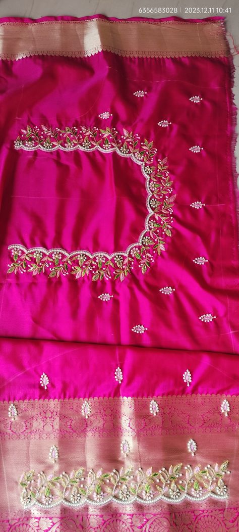 Very Simple Maggam Works, Front Neck Maggam Work Designs, Pink Blouse Machine Work Designs, Blouse Designs Latest Georgette, Magam Work Blouses Latest Simple Thread Work, Maggam Work Pink Blouse Designs, New Model Maggam Work Designs, Violet Blouse Aari Work, Maggamwork Blouses Latest Simple