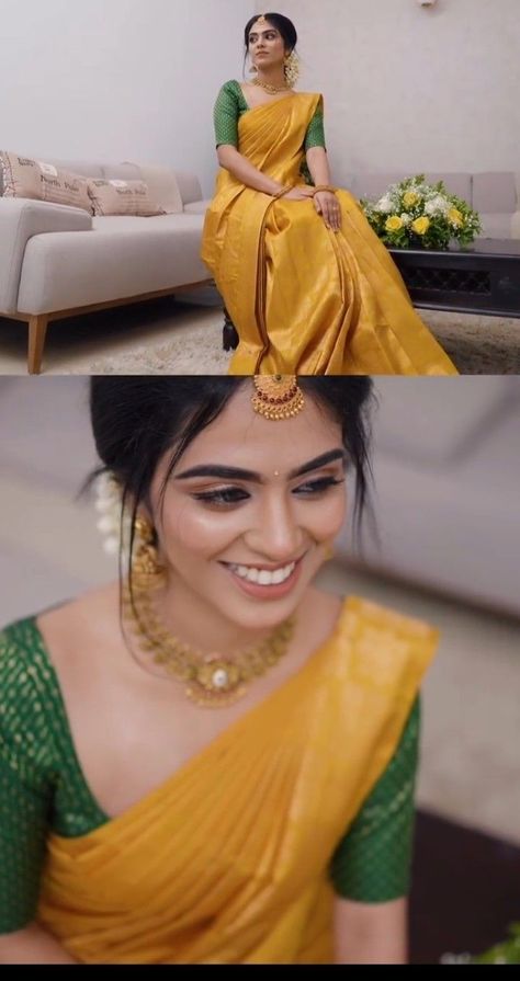 Haldi Ceremony Outfit Maharashtrian, South Indian Saree Look Simple, Haldi Look Maharashtrian, Pattu Saree Makeup Look, Engagement Looks Saree, Haldi Sari For Bride, South Indian Saree Outfit, Traditional Makeup Look In Saree, Holud Saree Ideas