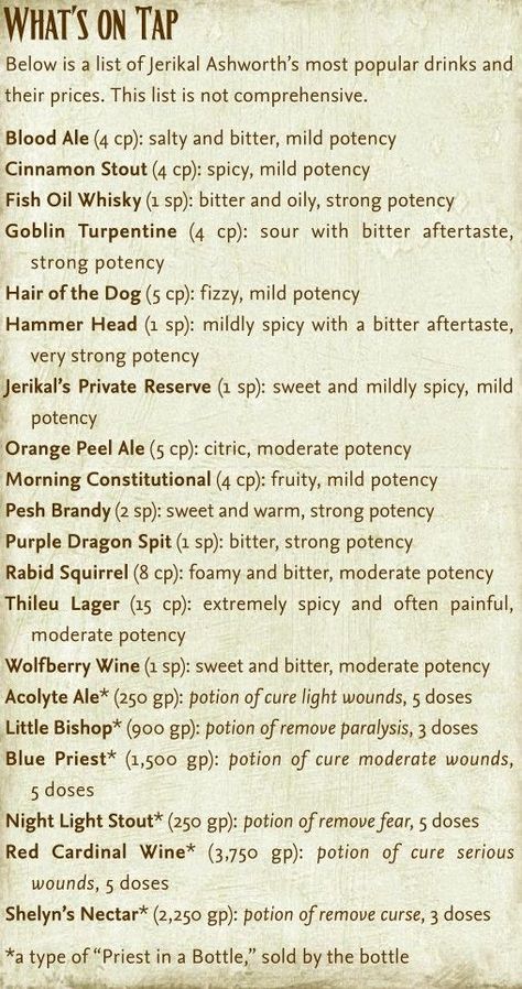 Drinks for your RPG tavern. Tavern Encounters Dnd, Fantasy Drinks Dnd, Homebrew Campaign Ideas, Dnd Level Up Chart, Curse Of Strahd Homebrew, Dnd 5e Homebrew Food, Dnd Dm Resources, Dnd Dm Sheets, D And D Campaign Ideas