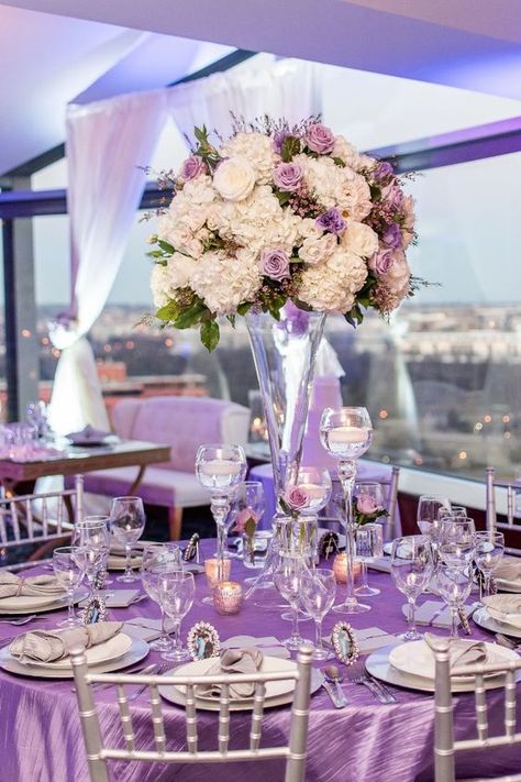 Follow us @ SIGNATUREBRIDE on Twitter and on Facebook at SIGNATURE BRIDE MAGAZINE Lilac Tablescape, Lilac And Silver Wedding, Plum Wedding Decorations, Silver Wedding Decor, Formal Wedding Dresses, Candelabra Wedding Centerpieces, Yellow Wedding Decorations, Purple Wedding Centerpieces, Purple And Silver Wedding