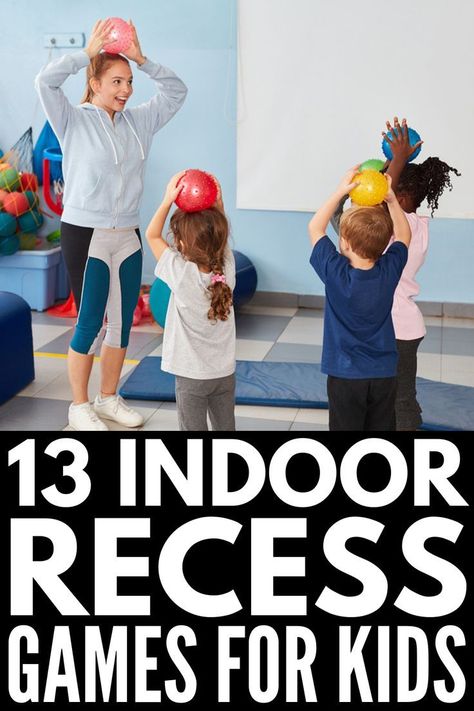 13 Indoor Recess Games | If you’re the teacher of kids in preschool, kindergarten, elementary, or middle school and you’re looking for ideas for large groups to keep your students entertained on snowy or rainy days, we’ve got you covered! We’ve included a mix of physical education and gross motor activities, learning station and team building ideas, and other classroom games to play that are sure to keep your students engaged and help them blow off steam. #indoorrecess #brainbreaks Indoor Activity For Kindergarten, Large Group Gross Motor Activities, Gym Preschool Activities, Rainy Day Gross Motor Activities For Preschoolers, Indoor Preschool Activities Rainy Days, Preschool Rainy Day Indoor Activities, Inside Recess Ideas For Preschool, Inside Gross Motor Activities Preschool, Fun Games For First Graders