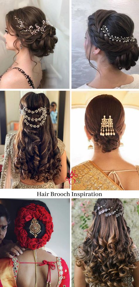 Hairstyle plays an essential part in a bridal outfit. Hair accessories have come a long way from simple hairpins to heavily embellished hair clips and brooch. And the perfect accessory helps you to enhance your look. Hence we have curated some hair brooch design for you to complete your bridal hairdo. #bridalhairbrooch #bridalaccessory #bridalhairdo #bridalhairstyle #indianwedding #weddingideas #weddinginspiration #bridaljewellery #bridalhairideas #weddingideas #indianweddinginspiration Hair Accessories For Open Hairstyle, Diamond Hair Accessories Indian, Hair Accessories With Saree, Bindya Hairstyle, Indian Bridal Hair Accessories, Hair Brooch Indian Wedding, Hair Brooch Hairstyle, Open Hair Bridal Look, Hair Accessories For Women Indian