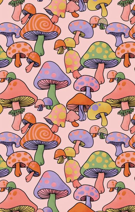 cheerful hippie inspired print pattern full of good vibes perfect for adding a splash of sunshine to any corner of your life whether it be home, tech or fashion accessories. Magical Mushrooms dance in a fun retro color wave of yellow pink and orange. Full of vintage 60s charm for your boho home #homedecor #aesthetic #boholiving #Colorfulinteriors #surfacedesign #pattern #wallpaper 60s Aesthetic, Mushroom Magic, Mushroom Wallpaper, Artsy Background, Witchy Wallpaper, Trippy Wallpaper, Happy Hippie, Pretty Backgrounds, Color Wave